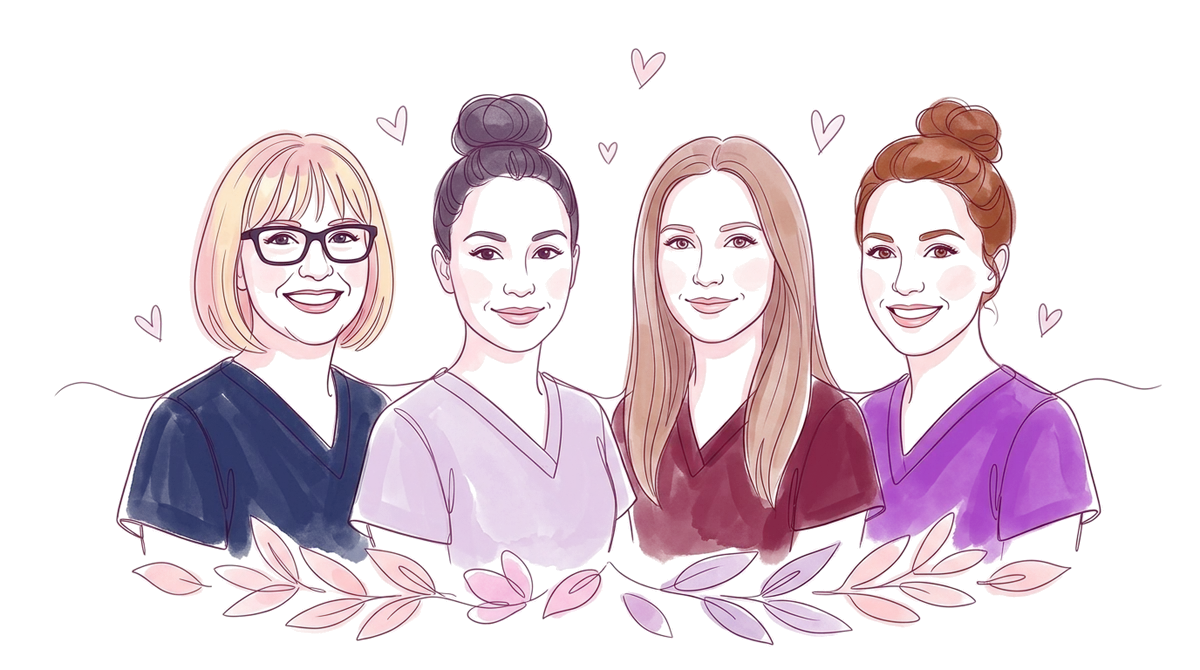 Illustration of the four EverNurture midwives — Suzie, Nohelia, Elisa and Rebecca