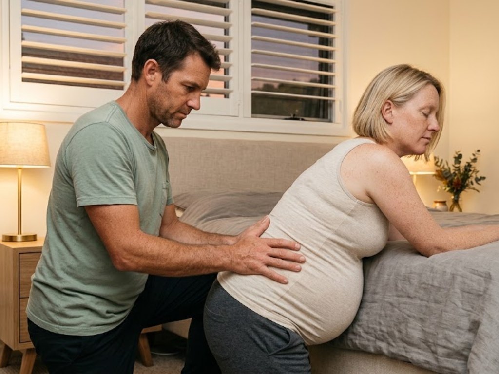 A birth partner kneeling behind a pregnant woman as she leans over the bed, pressing on her lower back
