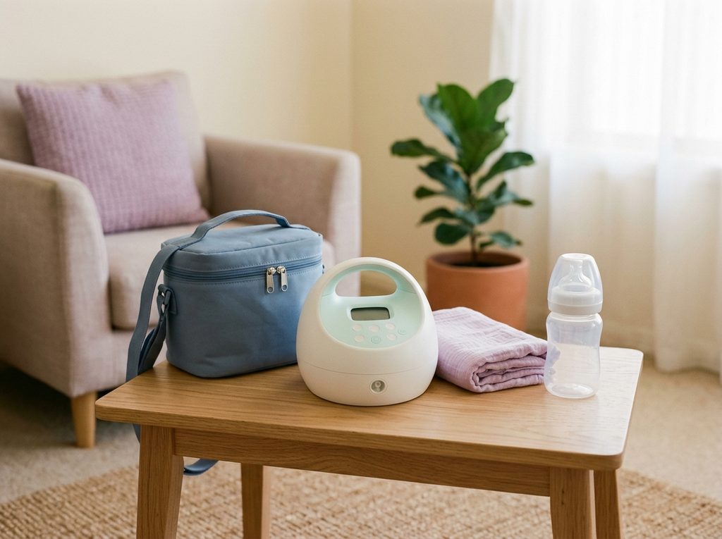 An electric breast pump and its carry bag on a side table in a living room, ready for hire