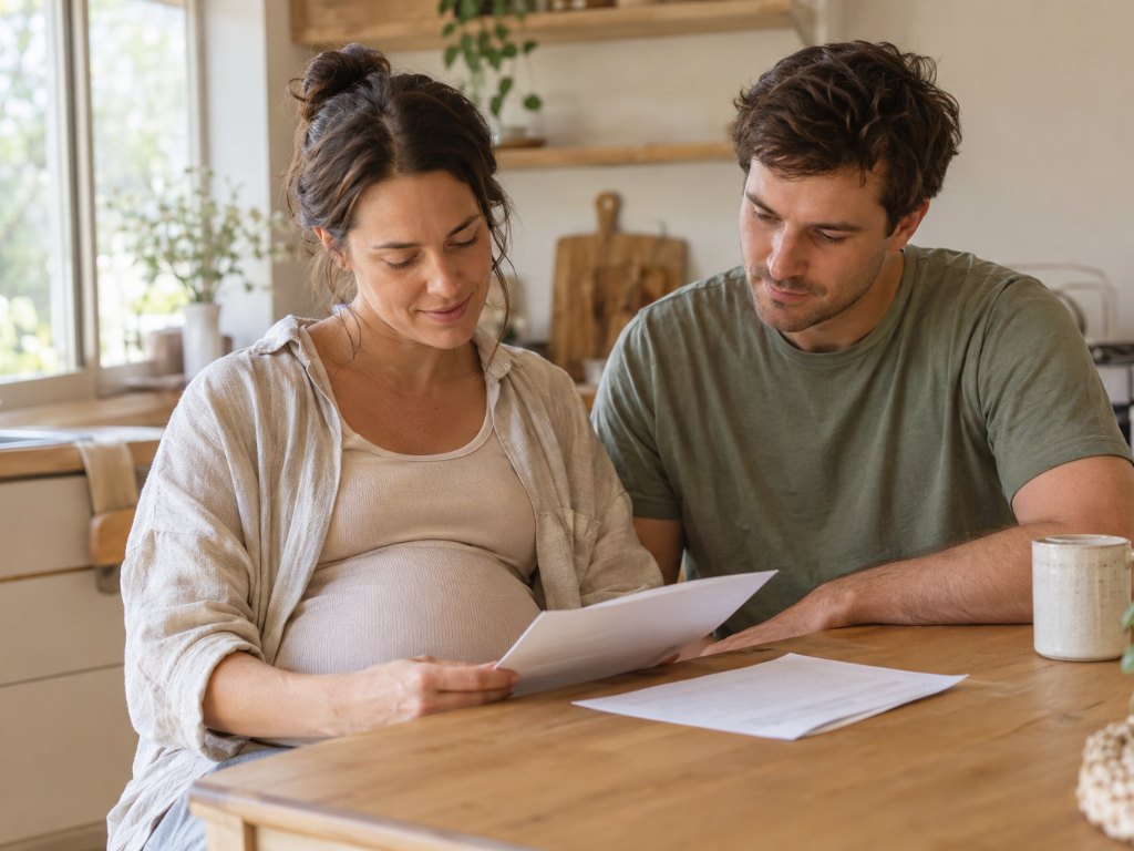 An expectant couple reading through their notes together at their own kitchen table