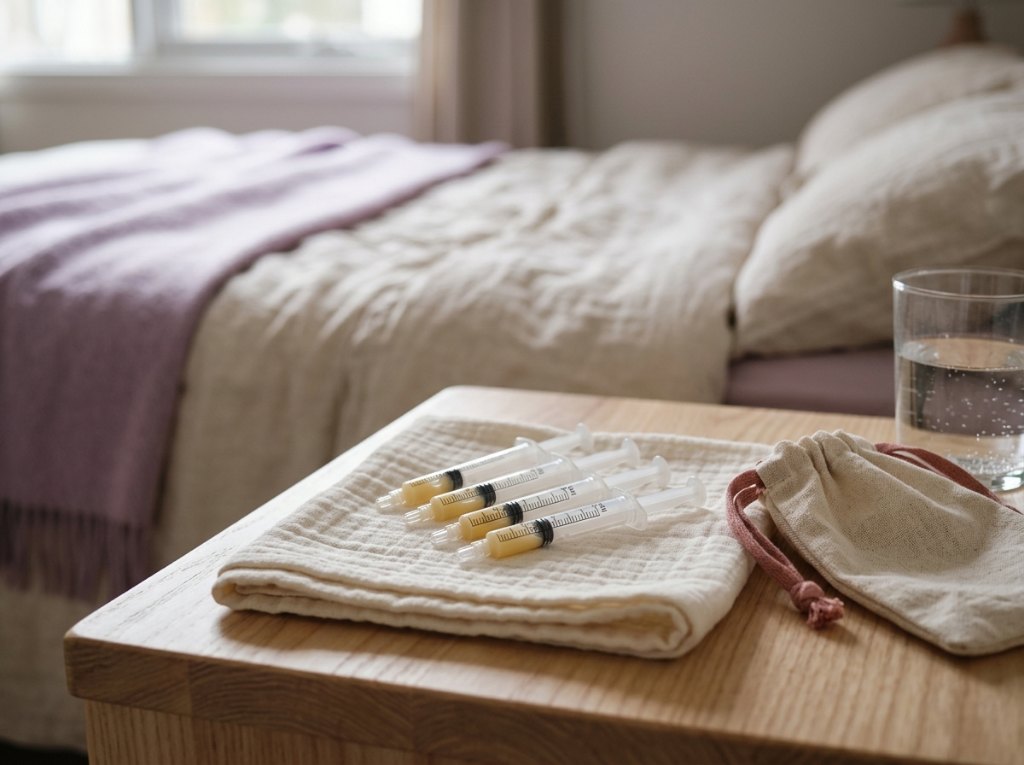 Small syringes of expressed colostrum resting on a folded muslin cloth on a bedside table