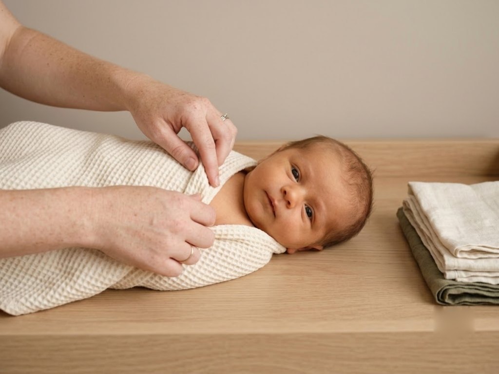 A pair of hands wrapping a newborn in a cream muslin on a change mat