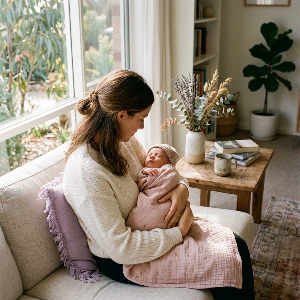 A mother sitting on a sofa at home, cradling her sleeping newborn wrapped in a blush muslin blanket