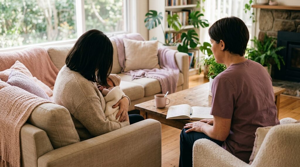 A midwife in mauve scrubs sitting across a coffee table from a mother holding her newborn