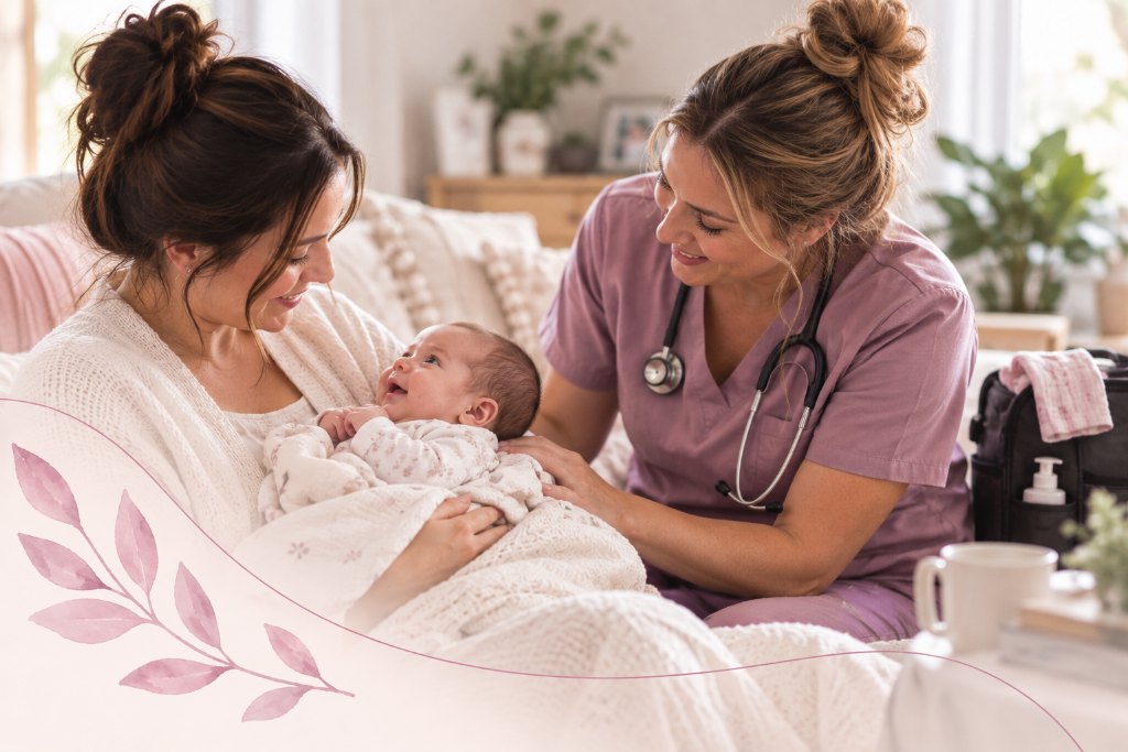 A midwife sitting beside a mother on her own lounge, checking on a smiling newborn