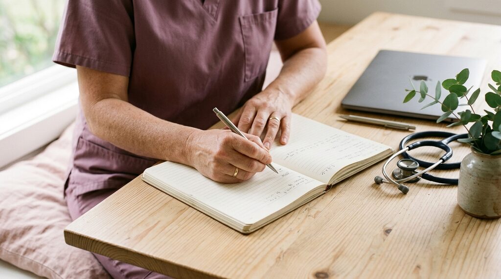 A midwife in mauve scrubs writing in a notebook at a timber desk beside a stethoscope