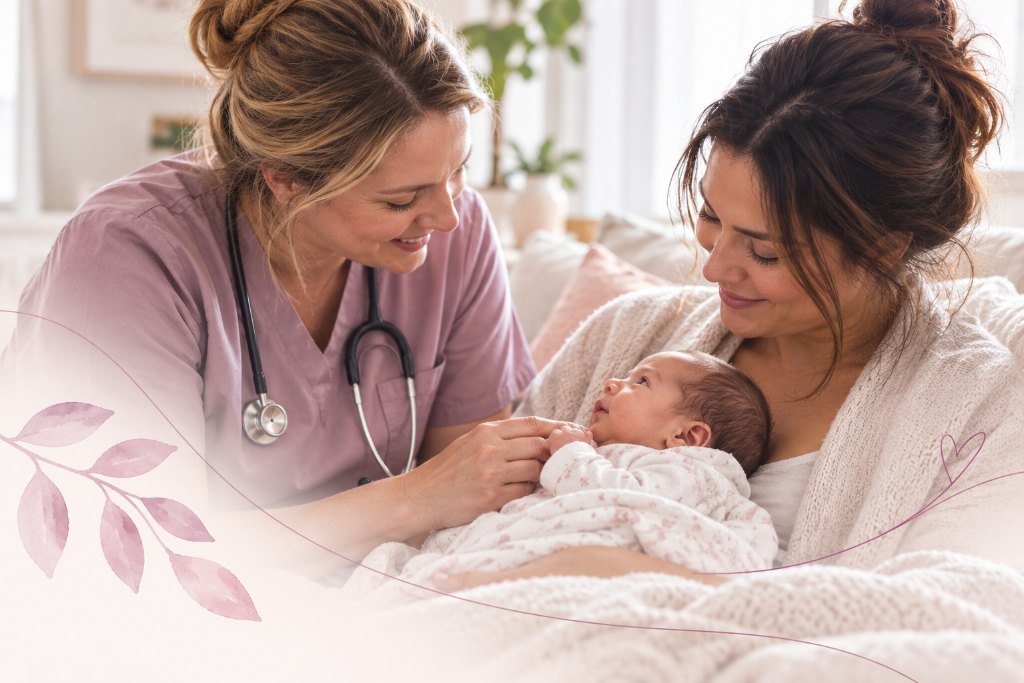 An endorsed midwife with a stethoscope leaning in to greet a newborn resting on her mother