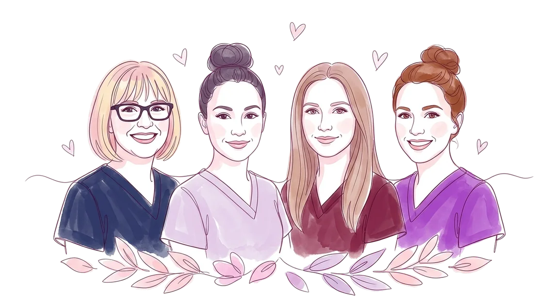 Illustration of the four EverNurture midwives, Suzie, Nohelia, Elisa and Rebecca, side by side in scrubs above pink and lilac leaves
