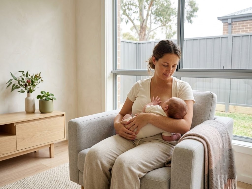 A mother feeding her newborn in an armchair in her own living room