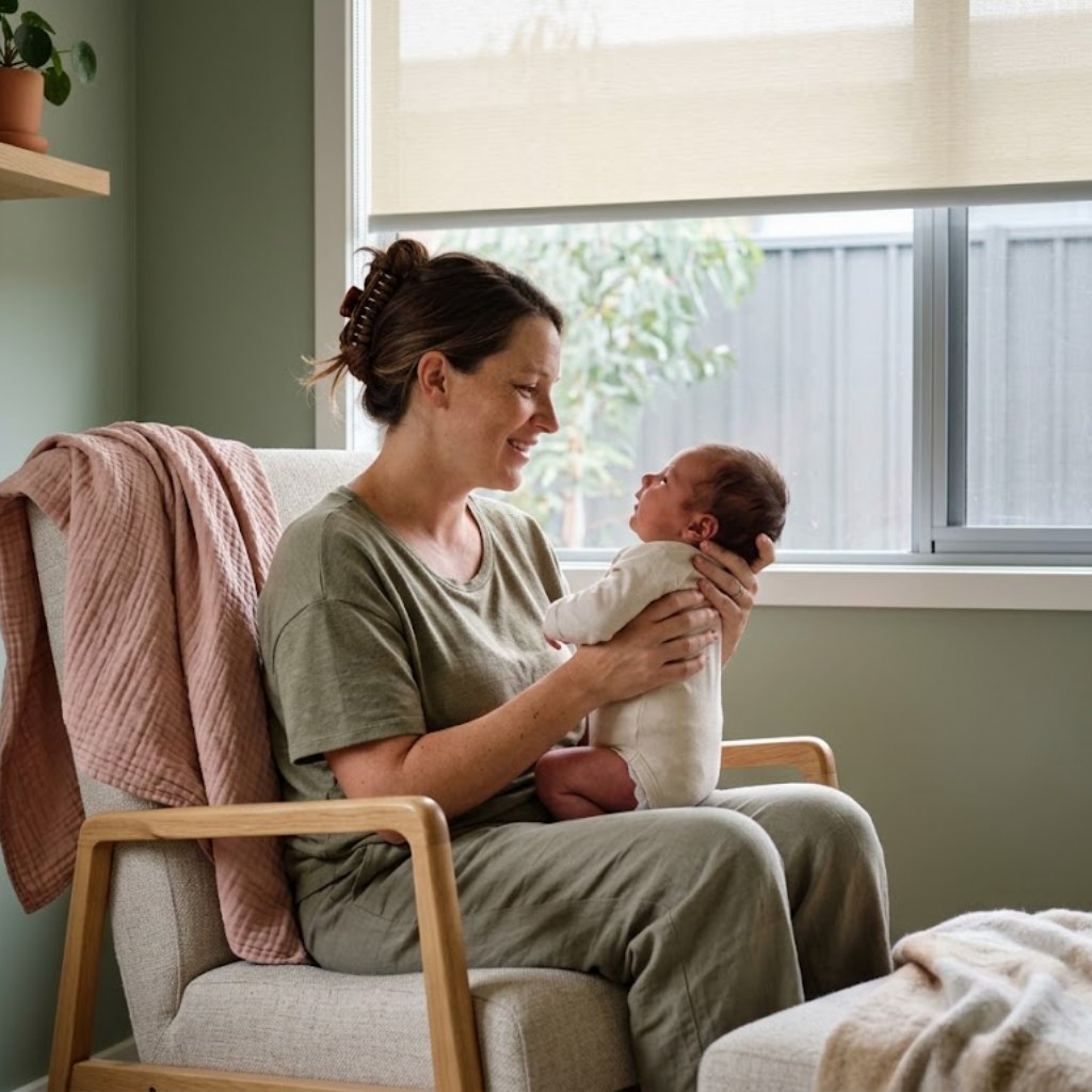 A mother in a nursing chair at home holding her awake newborn