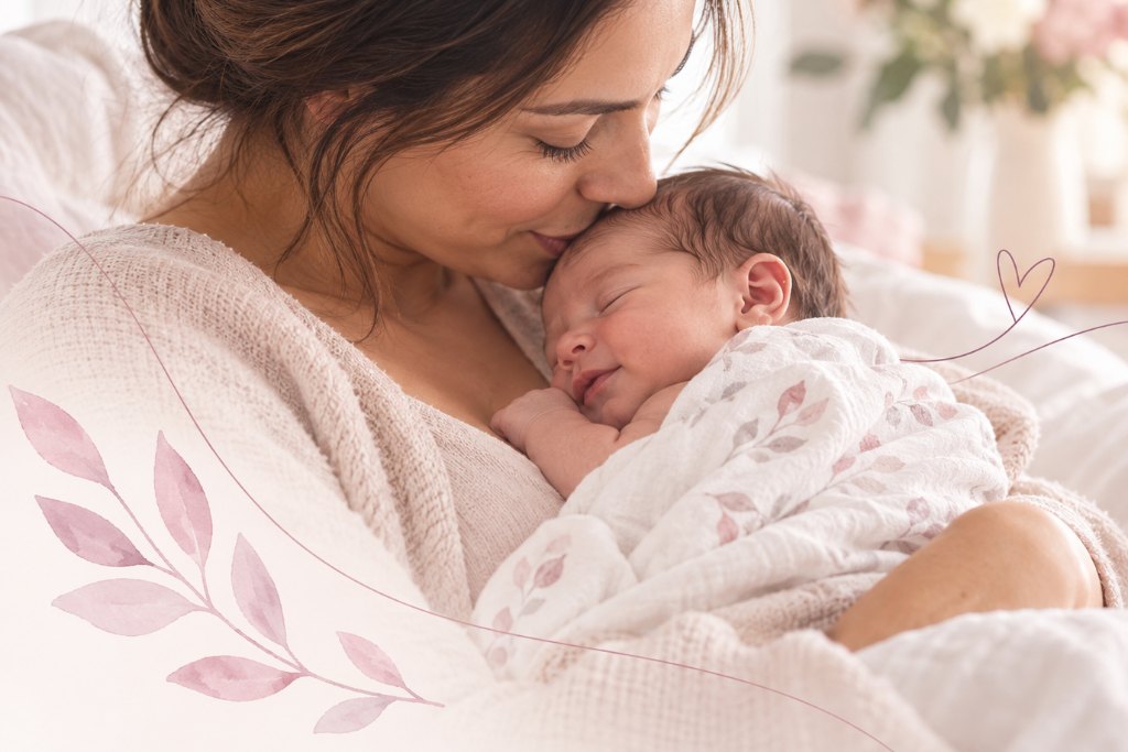 A mother wrapped in a blanket at home, kissing her sleeping newborn on the forehead