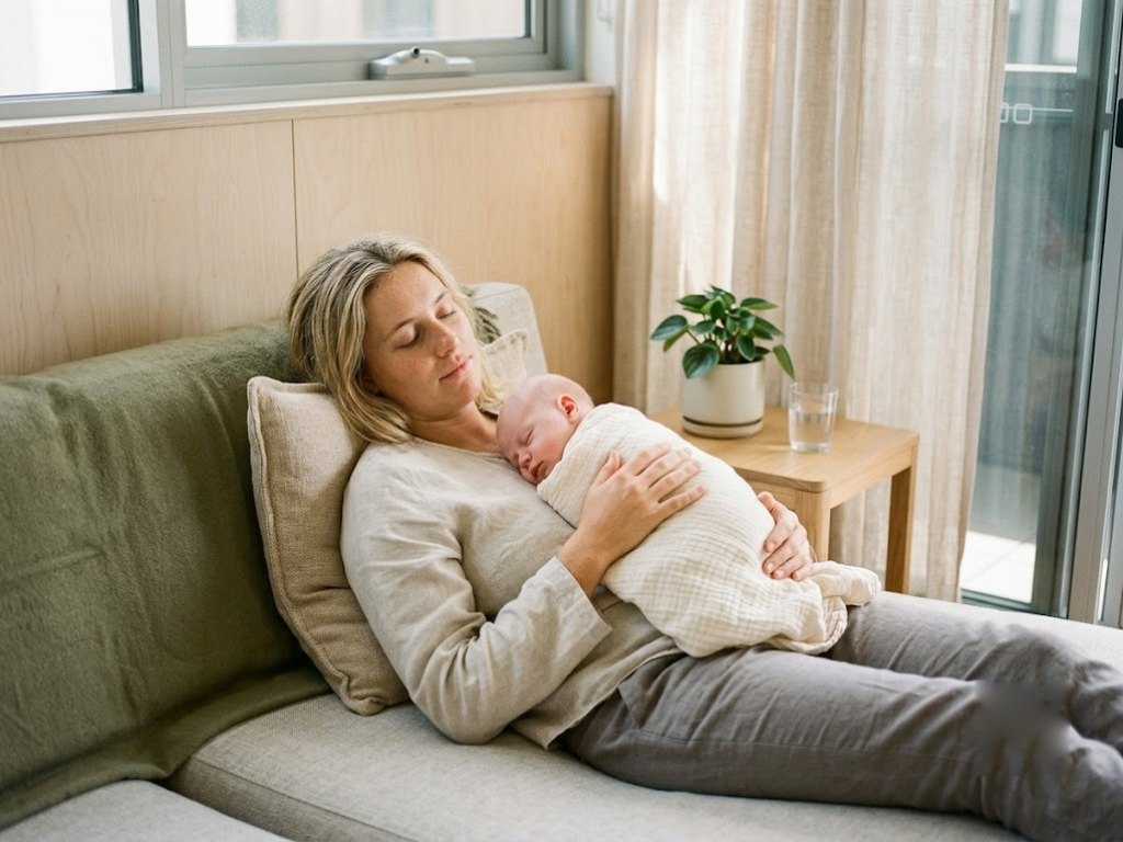 A new mother resting on the couch at home with her newborn asleep on her chest