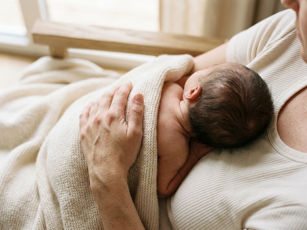A newborn asleep on a mother's chest under a cream knitted blanket, her hand resting on the baby's back