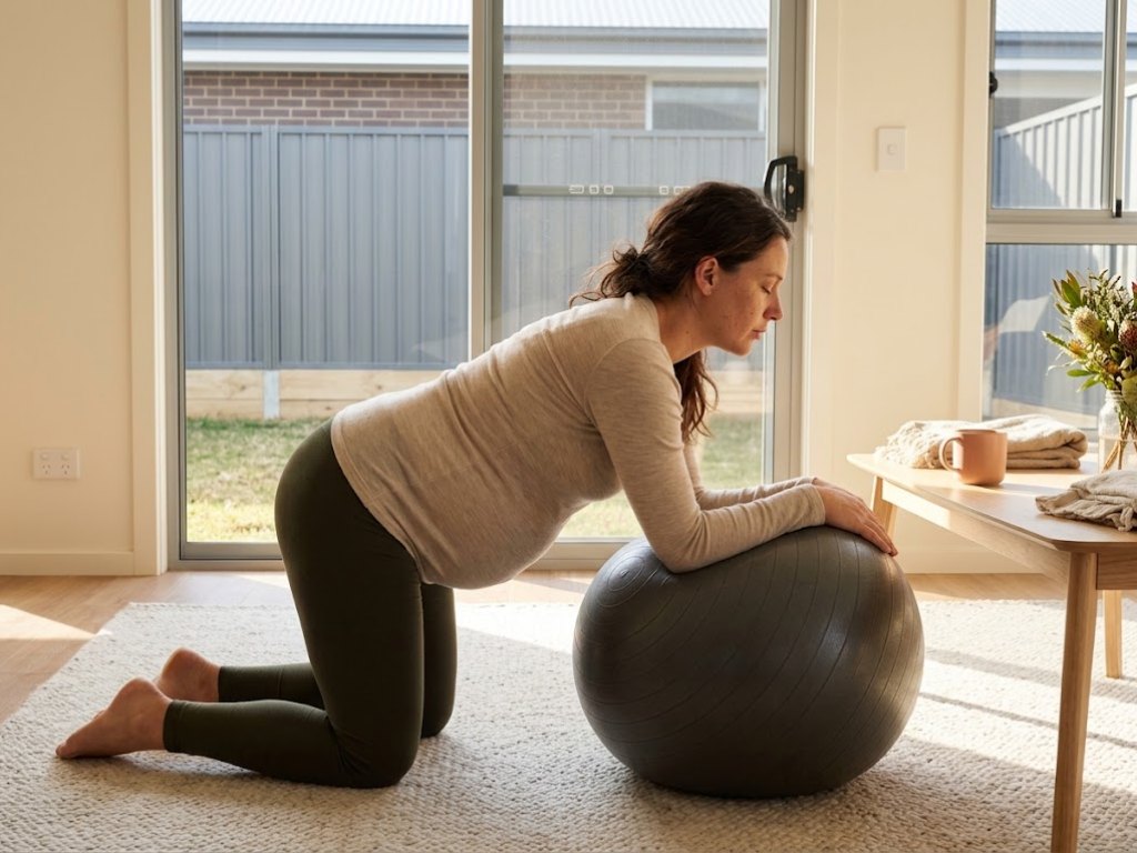 A pregnant woman kneeling and leaning on a birth ball at home, breathing through a practice contraction