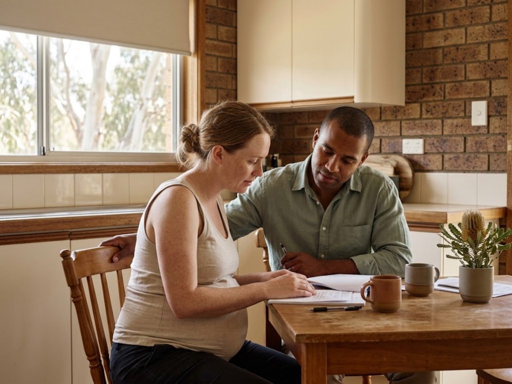 An expectant couple working through their antenatal notes together at their kitchen table