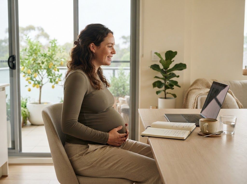 A pregnant woman sitting at her dining table beside an open laptop, one hand resting on her bump, talking through her questions on a video call