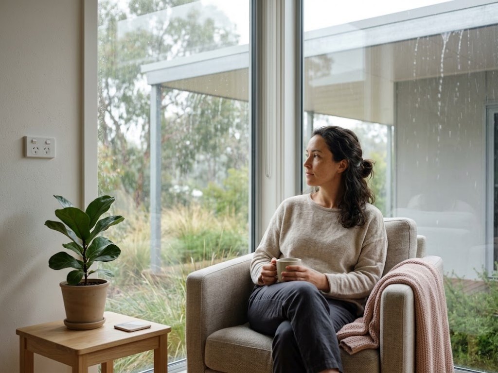 A woman sitting alone with a cup of tea, thinking, rain falling outside the window