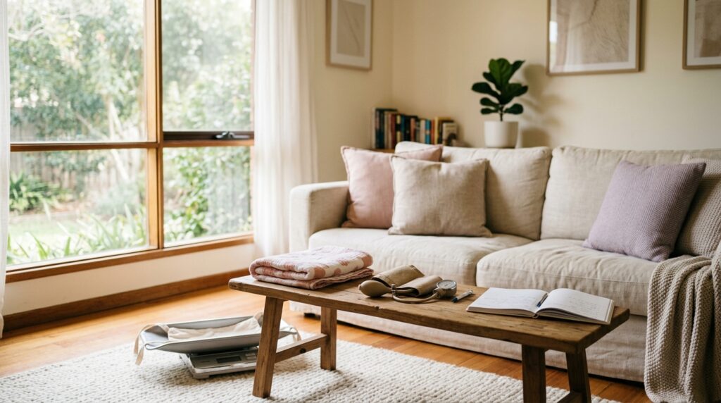 A home lounge room with portable baby scales on the rug, a muslin wrap, a blood pressure cuff and an open notebook on the coffee table
