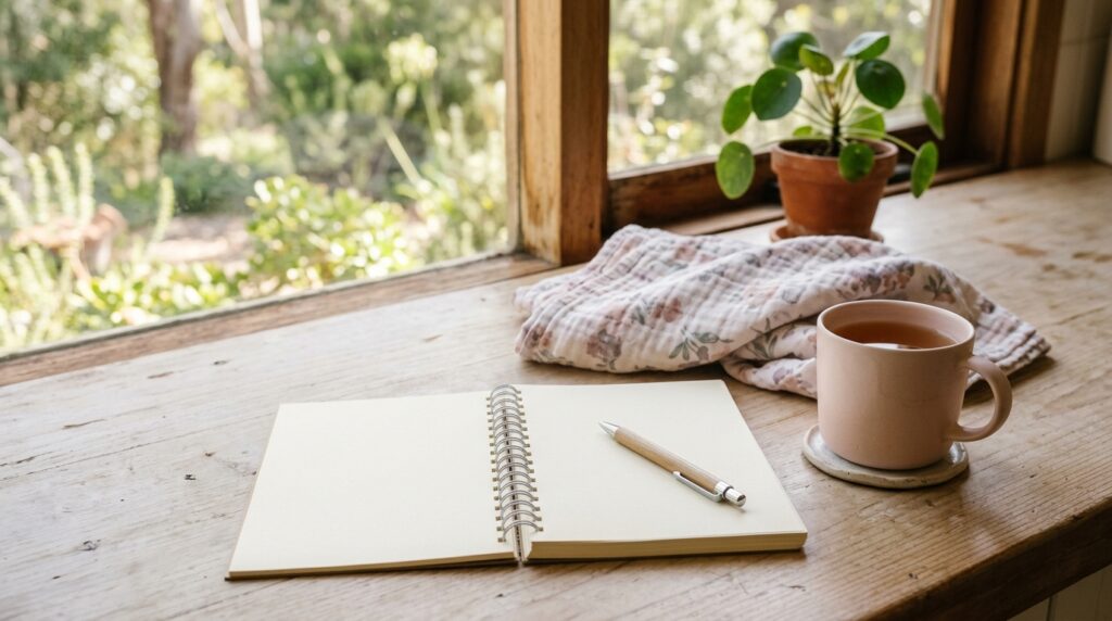 An open notepad with a pen, a mug of tea and a folded muslin wrap on a timber bench beside a sunlit window
