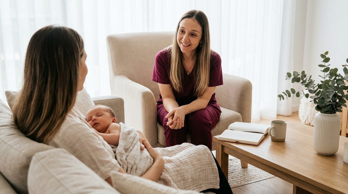Elisa, an EverNurture midwife, sitting and talking with a mother who is holding her sleeping newborn in a lounge room at home