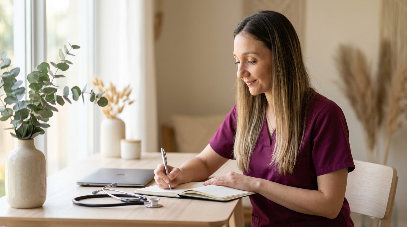 Elisa, an EverNurture endorsed midwife, writing in a notebook at a sunlit timber desk beside a stethoscope and a laptop