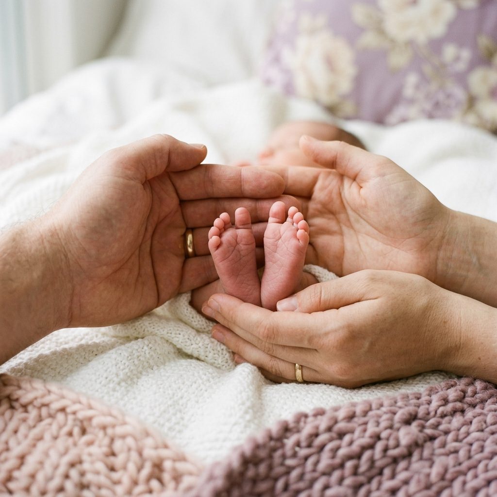 Adult hands cupped around a newborn baby feet on a knitted blanket
