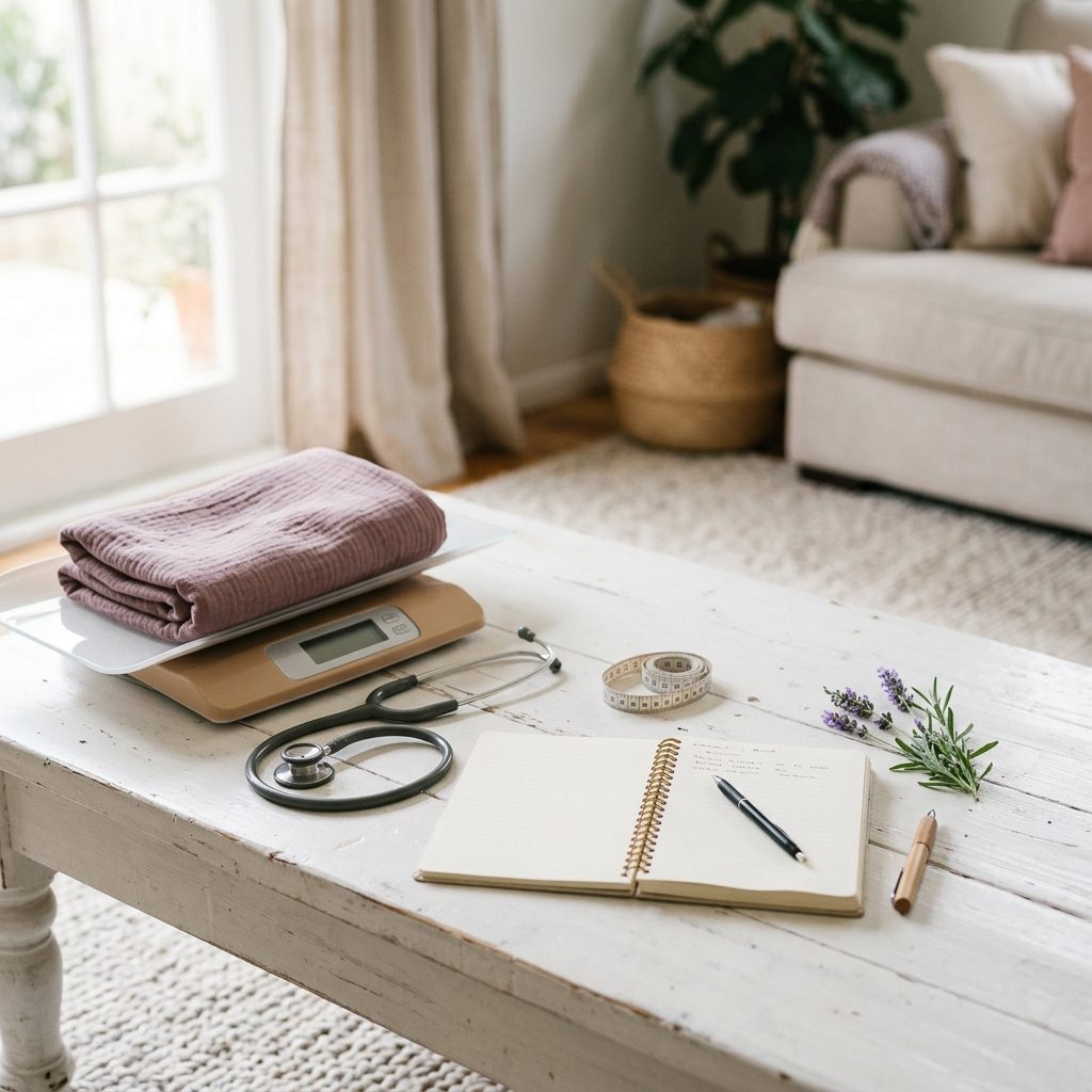 Baby scales, a folded muslin wrap, a stethoscope and a notebook on a table at home