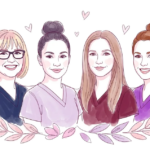 Illustration of the four EverNurture midwives side by side above pink and lilac leaves
