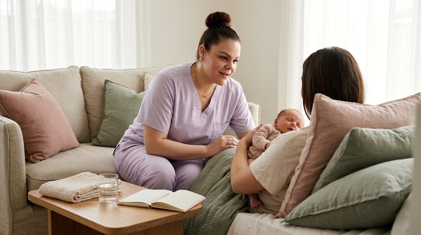 Nohelia, an EverNurture midwife, talking with a new mother who is holding her sleeping newborn at home