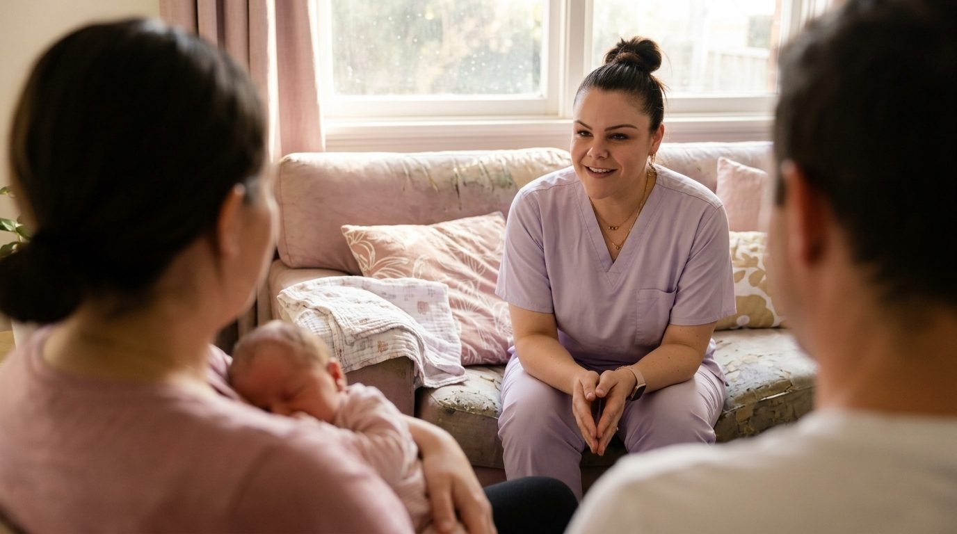 Nohelia, an EverNurture midwife in lilac scrubs, sitting with two new parents and their newborn in a lounge room