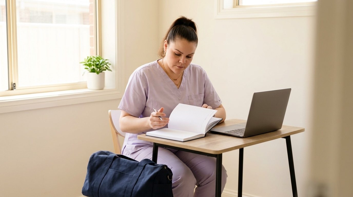 Nohelia, a midwife with EverNurture Midwifery Collective, sitting at her own desk with her appointment diary open, planning the week in her private practice.