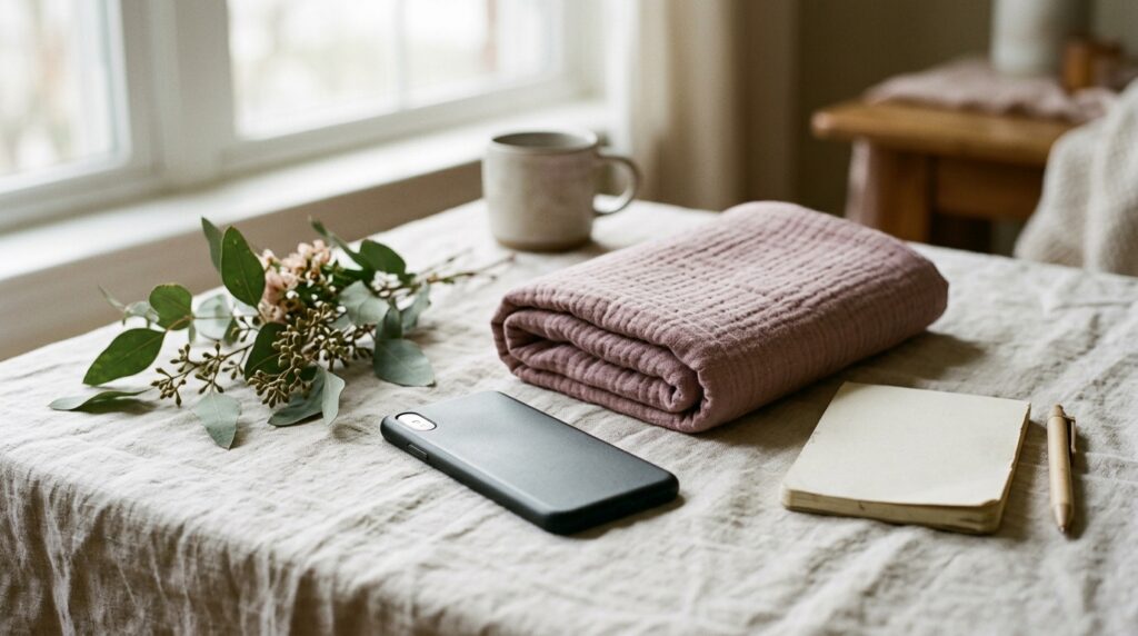 A phone face down on a linen tablecloth beside a folded muslin wrap, a notepad and a sprig of eucalyptus
