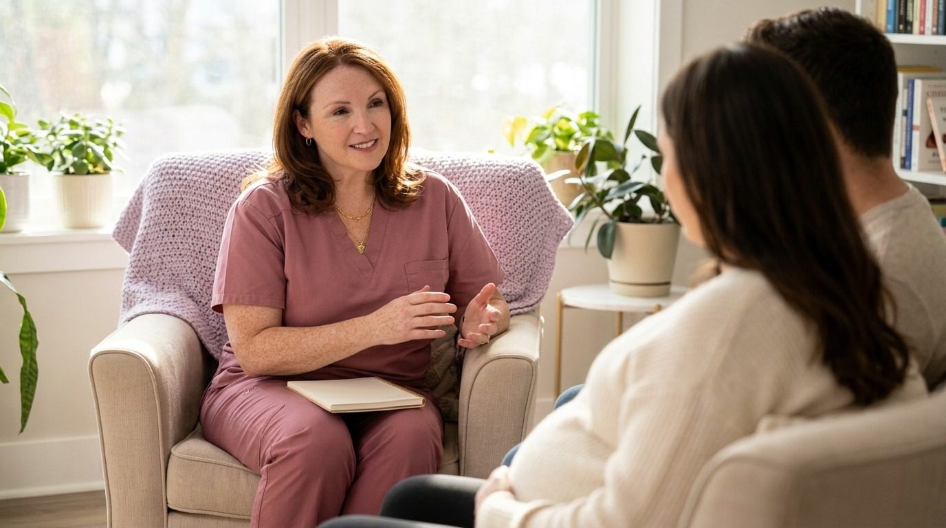 Rebecca, a midwife with EverNurture Midwifery Collective, sitting with an expectant couple in their living room and talking through what they would like from their care.