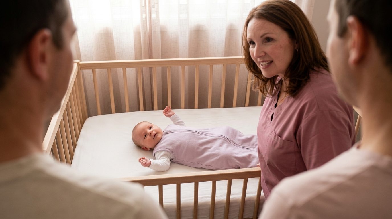 Rebecca, an EverNurture midwife in rose scrubs, talking with two parents beside a cot where a baby lies on their back