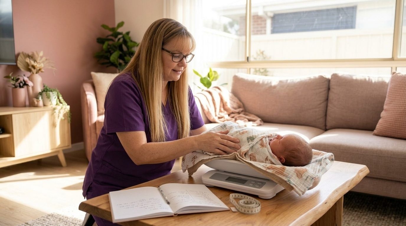 Suzie, an EverNurture midwife, settling a newborn onto baby scales on a coffee table during a home visit
